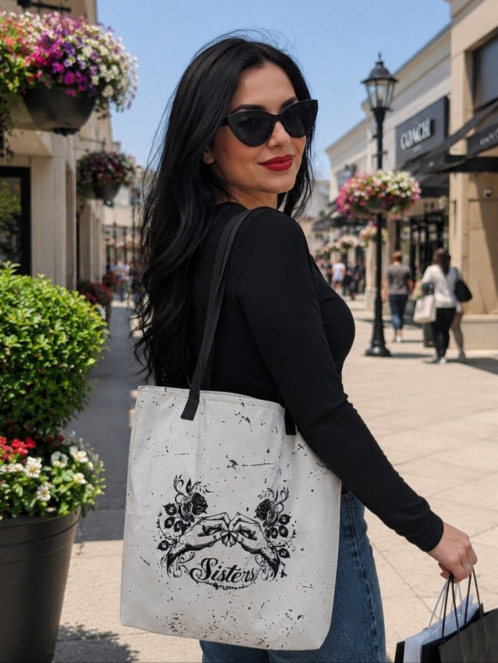 Sisters Celestial Floral Large Tote Bag with Inside Pocket – White & Black